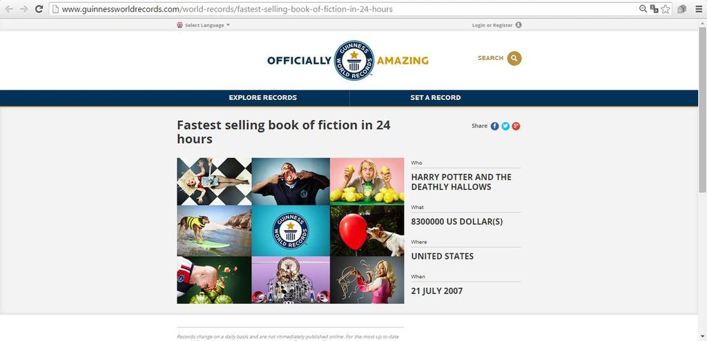 Imagem 5: Recorde atribuído ao livro Harry Potter and the Deathly Hallowsem julho de 2007 como livro de ficção mais vendido em 24 horas. Disponível em: http://www.guinnessworldrecords.