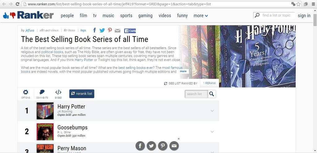 O mesmo site que trouxe o último volume de Harry Potter como um dos livros mais vendidos de todos os tempos também propôs um ranking das séries literárias de categoria infantil e