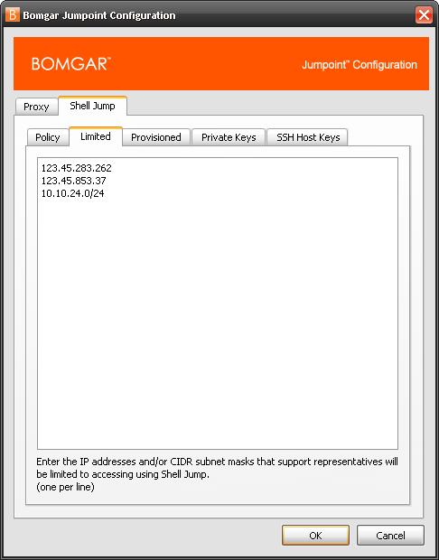 Jumpoint, continuação Se o acesso limitado estiver activado no separador Política, a lista Limitada aceita os endereços IP e as máscaras de subrede CIDR aos quais o acesso ao Shell Jump será limitado.