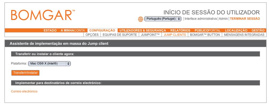 Jump Clients,, continuação Depois de clicar em Implementar, pode instalar o Jump Client de imediato se estiver no computador a que necessita de aceder posteriormente.