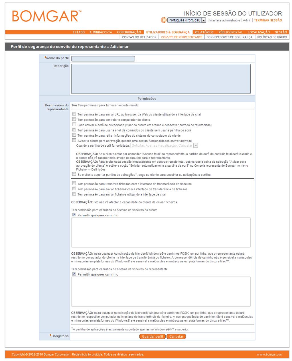 Estes perfis de segurança são configurados pelos administradores nesta página. É possível criar um novo perfil de segurança de raiz ou copiálo a partir de um perfil existente.