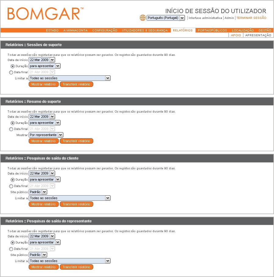 Relatórios Os administradores e utilizadores privilegiados podem gerar relatórios de actividade para todas as sessões ou para sessões utilizadas por uma equipa específica, por todos os representantes