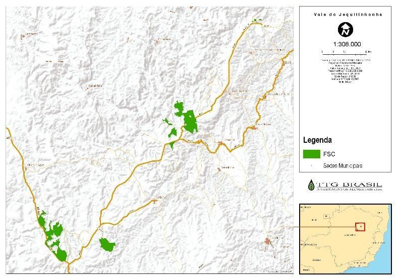 Localização das Plantações Florestais A base florestal das propriedades pertencentes ao membro de grupo, Vale do Jequitinhonha, atualmente totaliza 19.