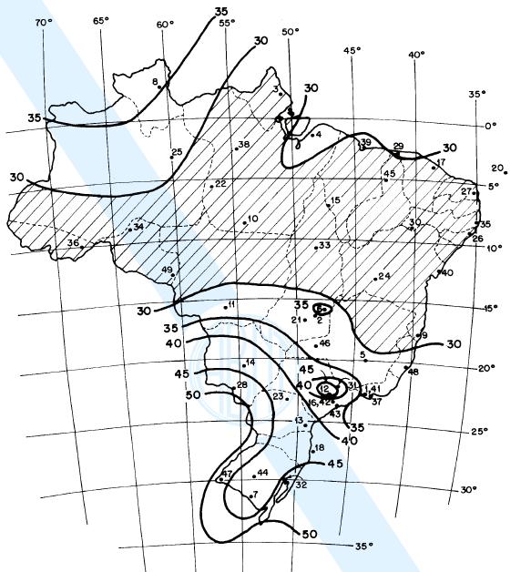 Gráfico de isopletas NBR 6123 Velocidade básica do vento Rajadas de 3 segundos Período de retorno da rajada crítica de 50 anos