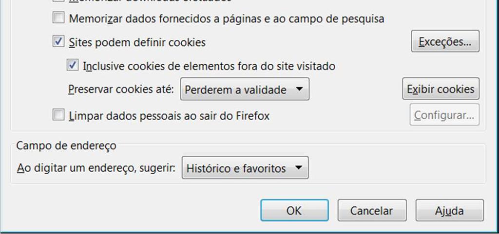 sites que você visitou, controlar que sites podem enviar cookies, e