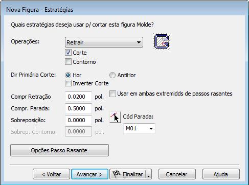 7 Na página Estratégias: a No campo Operações selecione Retrair. b Selecione a opção Corte. c Selecione a opção Contorno. d Clique Finalizar.