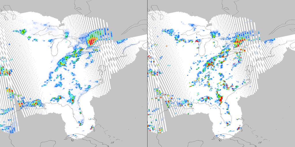 MHS (NOAA18) retrieval (GPROF) mm -1 MHS-NOAA18 radar Cross-track retrievals are comparable at