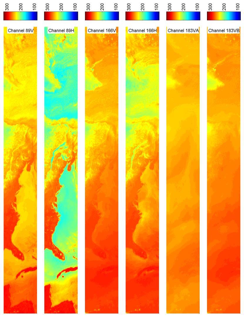 GPM Microwave Imager 13 channels (K) First clear-air GMI brightness