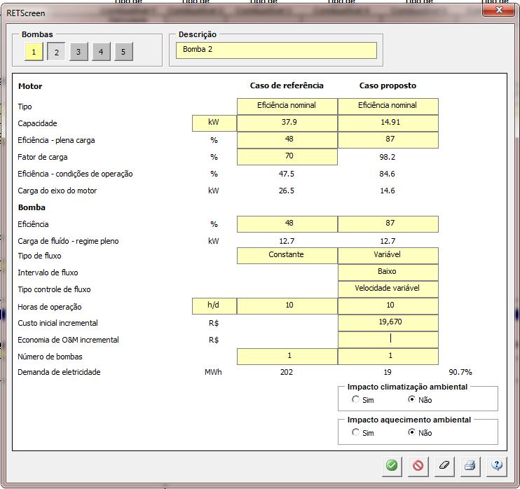 Capítulo 5. Análise dos Resultados 51 Figura 26 Descrição do caso referência e proposto para o conjunto motor-bomba 2. software.