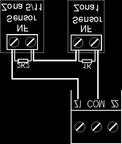 (5) Zona dupla sem resistor de final de linha e com detecção de tamper Com a função Zona dupla habilitada, o sistema reconhece duas zonas por borne de entrada (as zonas do teclado só funcionam como