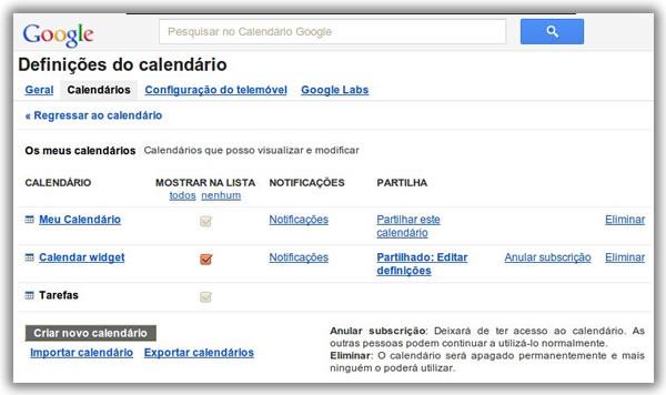 Para seleccionar o calendário que pretende sincronizar basta carregar sobre o link correspondente. De seguida irá ter acesso às definições do calendário que escolheu.