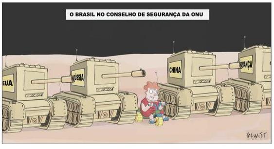 d) Charge 4 Benett para a Folha de S. Paulo, 28 de março de 2011. 1) Há semelhança entre imagem e objeto representado? Benett retrata Dilma Rousseff e as autoridades dos EUA, Rússia, China e França.
