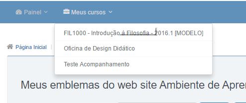 O Painel possui as seguintes opções: Página inicial permite retornar a página inicial para visualizar a relação dos seus cursos/disciplinas.