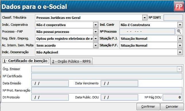 2 Ao clicar no botão Alterar na tela principal e acessar a opção Dados e-social será apresentada a tela abaixo para preenchimento dos novos campos para cada empresa.