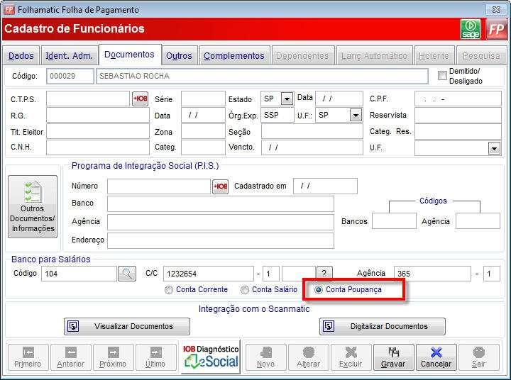7 2. Cadastro de Funcionários No Menu Arquivos, item Funcionários, subitem Cadastro Básico, na aba Documentos, em Banco para Salários, foi incluída a opção Conta Poupança. 3.
