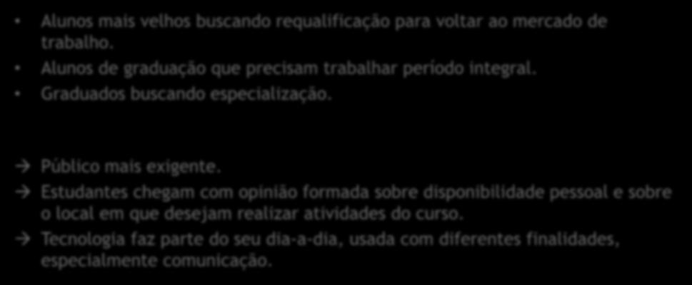 Alunos não tradicionais na EaD... Alunos mais velhos buscando requalificação para voltar ao mercado de trabalho. Alunos de graduação que precisam trabalhar período integral.