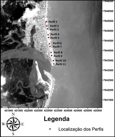 A localização dos perfis de praia realizados está representada na Figura 3, partindo das proximidades da Praia da Guaxindiba (perfil 1) até à Praia da Bugia (perfil 11).
