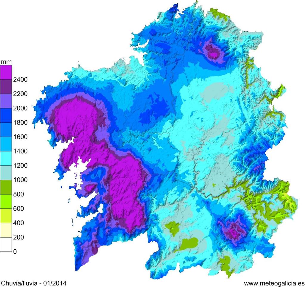 Como se pode ver na figura 3, os rexistros máis elevados de chuvia corresponden ao suroeste da provincia da Coruña e interior de Pontevedra, primeiras zonas de encontro dos sistemas frontais