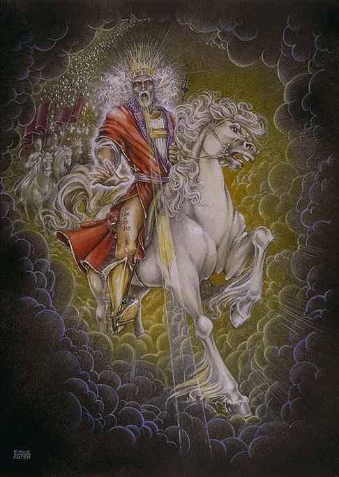 DESCRIÇÃO DA VOLTA TRIUNFAL DE JESUS O Nosso Salvador e Senhor Jesus Cristo virá na segunda fase de sua volta a este planeta de forma gloriosa montado num cavalo branco tendo olhos como de chama de