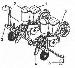 1 roda de acionamento. 2 engrenagem motora. 3 engate. 4 deposito de adubo. 5 depósito de semente. 6 corrente. 7 facão. 8 cobridor de sementes. 9 roda compactadora. 10 regulagem de profundidade.