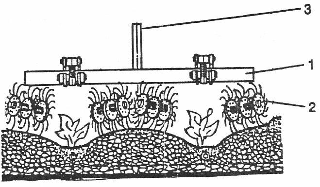 Figura 121 Cultivador de rodas denteadas montado. 1 barra porta-ferramentas. 2 roda denteada. 3 acoplamento para engate de três pontos.