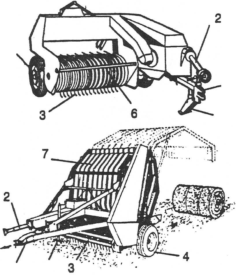 1 5 Figura 169 - A : enfardadora de fardos prismáticos. B: enfardadora de fardos cilíndricos. 1 barra de engate. 2 árvore cardam. 3 sistema recolhedor.