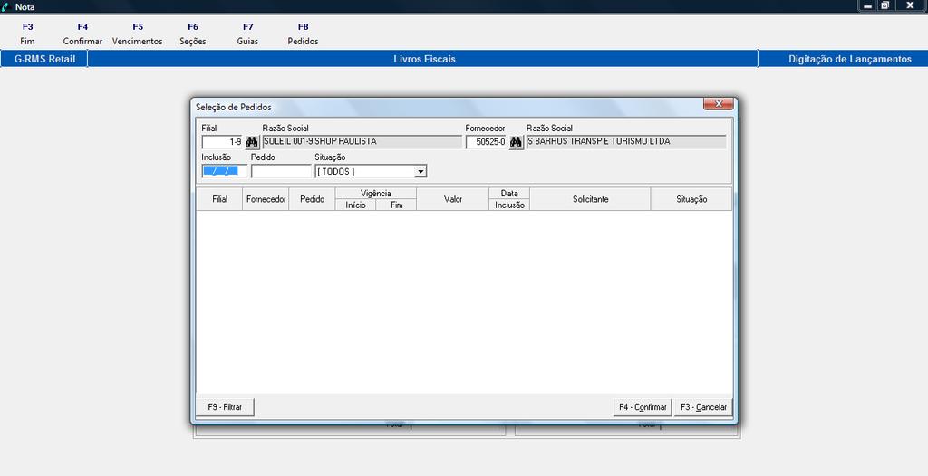 Selecionar o pedido e teclar F4 (Confirmar): Ao confirmar a tela anterior, o pedido é