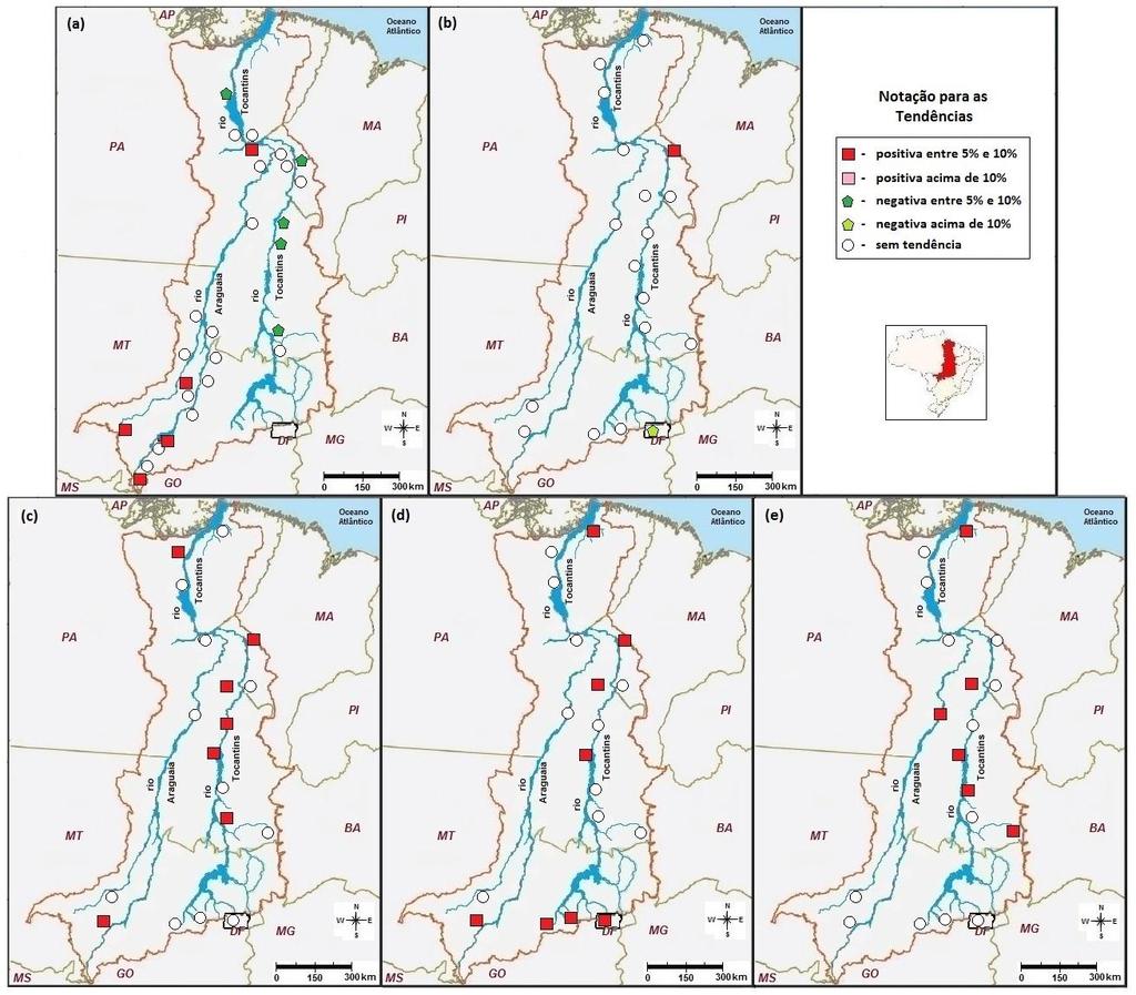 Figura 6: Mapas das tendências hidro-climáticas na região hidrográfica do Tocantins Araguaia para: (a) Vaz.; (b) Prec.; (c) T-Mín.; (d) T-Méd. e (e) T-Máx.