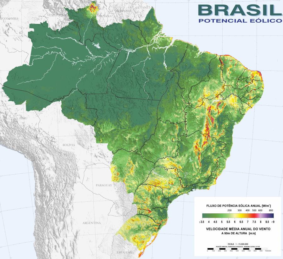 Figura I-9 - Atlas do Potencial Eólico Brasileiro, [5] No Brasil, as políticas de incentivos para geração eólica foram iniciadas de forma decisiva em 2002 com o PROINFA (Programa de Incentivo a