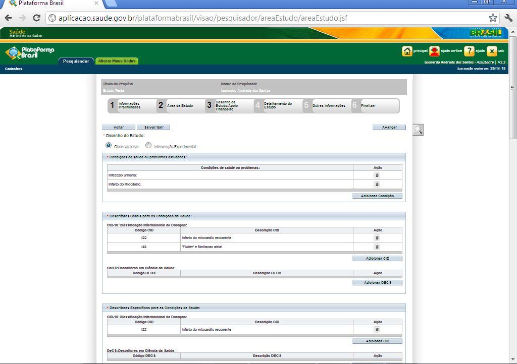 TELA 3 Desenho de Estudo/Apoio financeiro Os campos Descritores Gerais para as Condições de Saúde e Descritores Específicos para