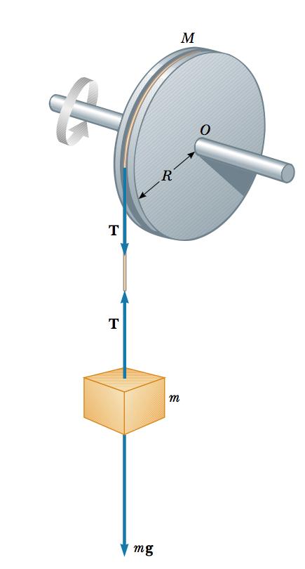 Uma polia uniforme de raio R emassam é montade sobre um eixo horizontal sem atrito. Uma corda leve é enrolada em torno da polia e sustenta um bloco de massa m.