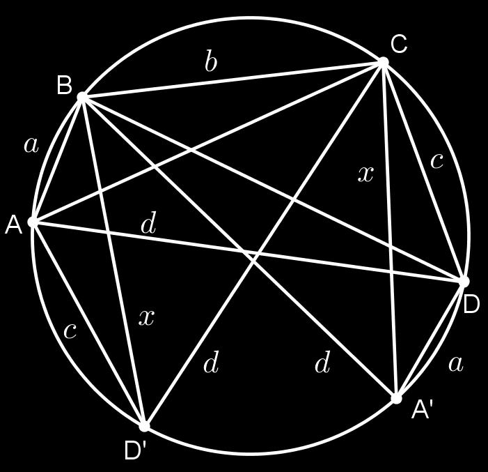 Aplicando o Teorema de Ptolomeu no quadrilátero inscrito ABCD, chegamos a px = ad + bc (I); e aplicando o mesmo teorema no quadrilátero BCDA, chegamos a qx = ab + cd (I I).