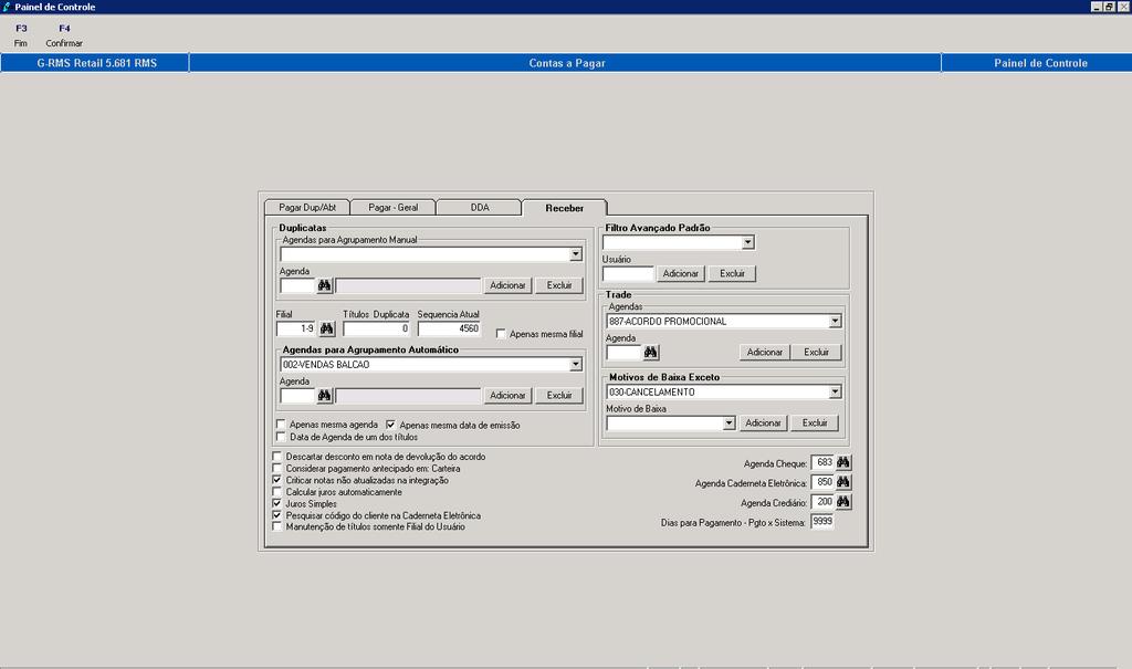 Aba Receber Campos de tela NOME DO CAMPO Duplicatas Agendas para agrupamento mensal. Agenda. Botão ADICIONAR. DESCRIÇÃO Leque de opções de agendas para agrupamento mensal. Parâmetro: 174.