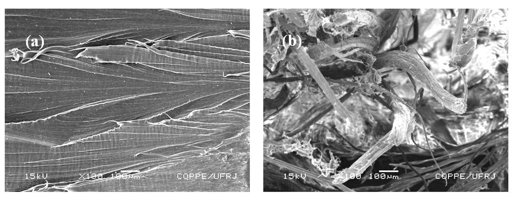 Figura 6: Micrografias da superfície de fratura de corpos de prova ensaiados em flexão: (a) polietileno puro; (b) compósito com 30% de tecido de juta.