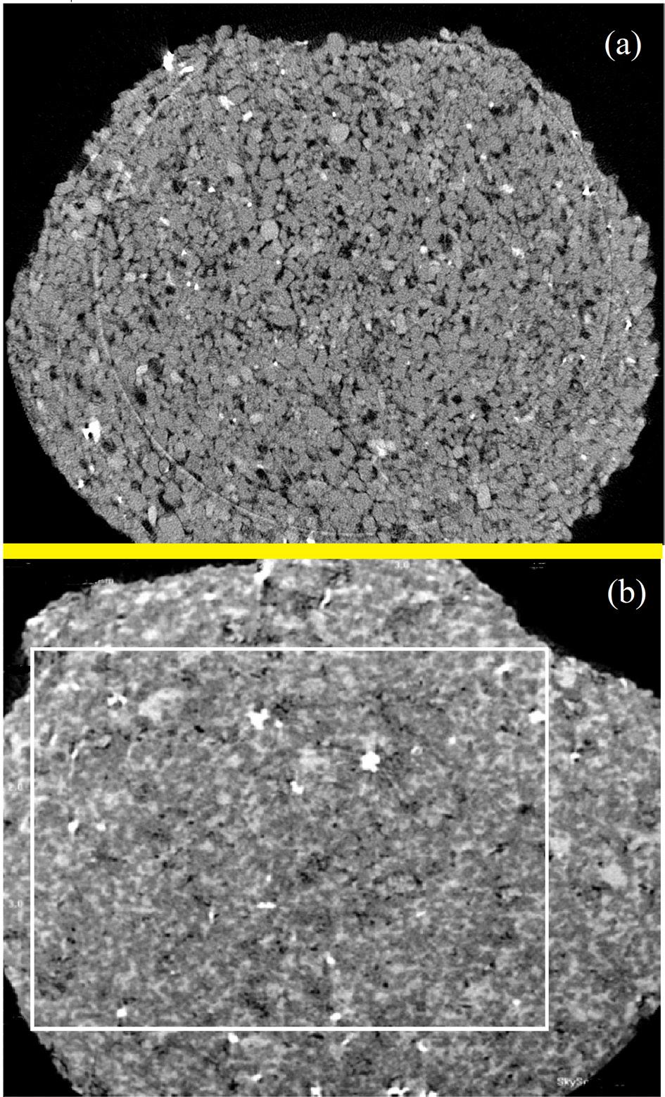 10 Figura 10: Comparação entre as imagens microtomográficas das rochas dos dois trabalhos: (a) Fatia 108 (presente trabalho); (b) Fatia 110 (adaptado de FERNANDES, 2009).