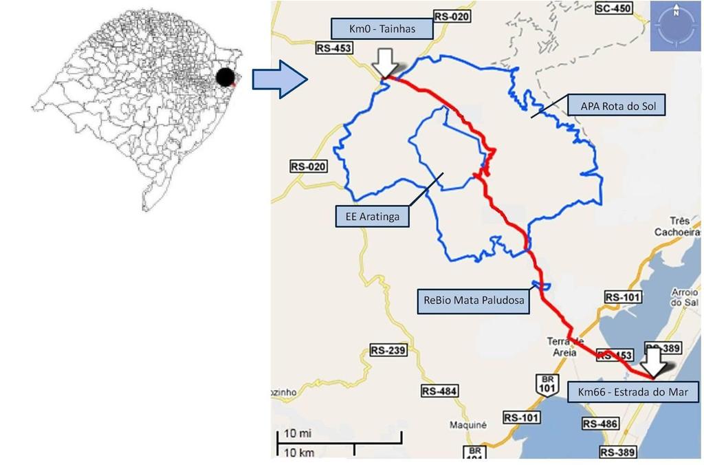 A área de estudo compreende um trecho de 66 quilômetros das rodovias RS-486/RST-453, conhecida como Rota do Sol, localizada entre os municípios de São Francisco de Paula e Terra de Areia, Rio Grande