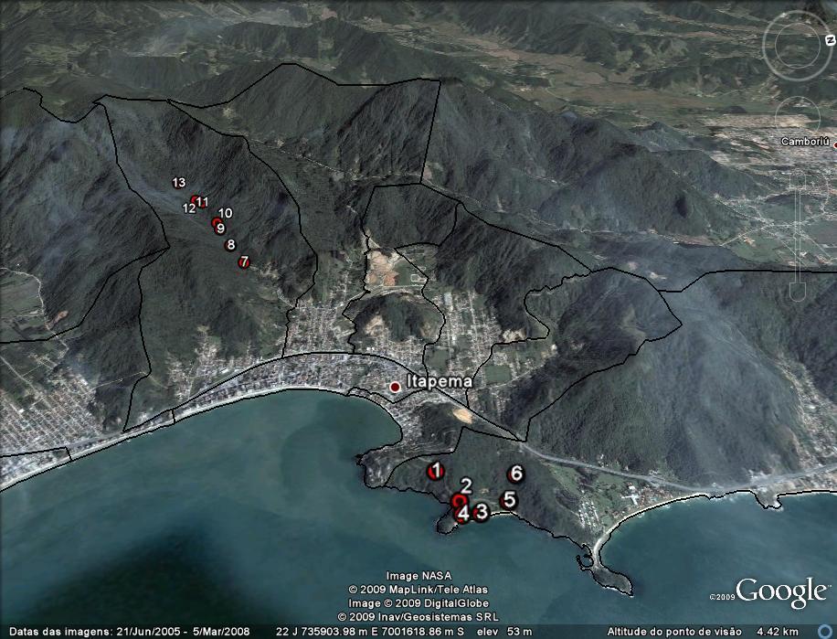 9 Fig. 1: Localização do município de Itapema/SC, com as áreas de estudo de culicídeos. Os pontos enumerados de 1-6 correspondem às coletas na área da Praia Grossa.