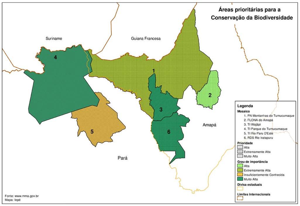 O Mapa 2 mostra as unidades que compõem o Mosaico de Áreas Protegidas do Oeste do Amapá e Norte do Pará e que estão incluídas entre as áreas prioritárias para conservação da biodiversidade 3.