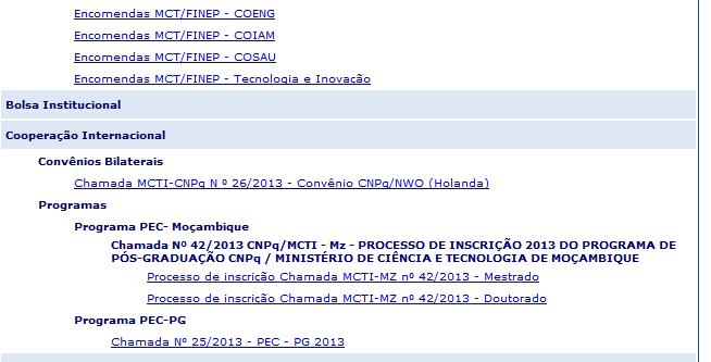 4. Em seguida, aparecerá a tela abaixo. Para localizar o formulário eletrônico do PEC-PG selecione no menu à esquerda da tela o item Propostas e Pedidos, em seguida clique em Novos.