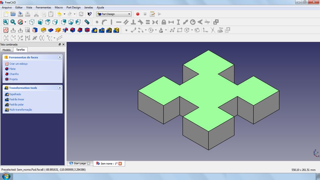 Quando o esboço apresentar a cor verde e nenhum problema de construção, quer dizer que o esboço já pode ser finalizado. Em seguida enchemos o esboço, extrudando 50 mm.