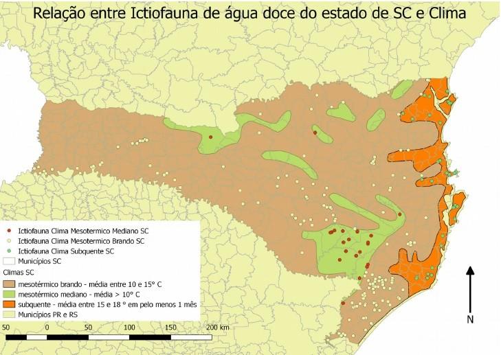 Por fim, foram elaborados os leiautes dos mapas feitos no programa Qgis, onde foi relacionada a ictiofauna de água-doce de Santa Catarina com vegetação,