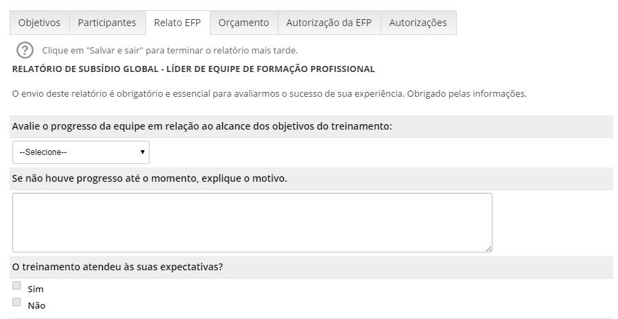 Se o projeto incluir uma equipe de formação profissional, a opção Relato EFP aparecerá. O líder do grupo deve preencher esta seção.