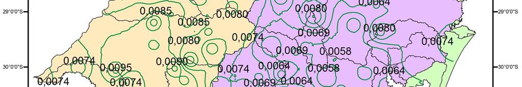 105 4.4.3.1 Coeficiente a A Figura 4.12 mostra a distribuição dos valores do coeficiente (a) da equação de chuvas intensas do tipo PDF no RS. Figura 4.12 Mapa de isovalores do coeficiente (a) da equação de chuvas intensas PDF para o Rio Grande do Sul.