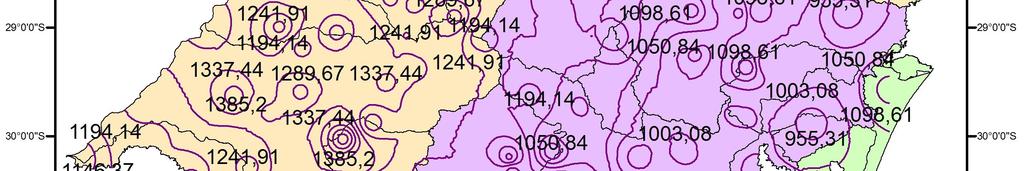 116 4.5.3.1 Coeficiente a A Figura 4.16 mostra a distribuição dos valores do coeficiente (a) da equação de chuvas intensas do tipo IDF no RS. Figura 4.16 Mapa de isovalores do coeficiente (a) da equação de chuvas intensas IDF para o Rio Grande do Sul.