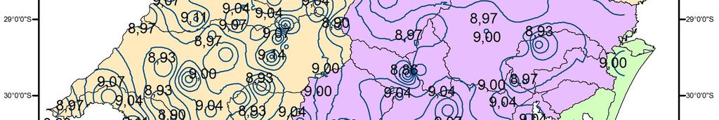 118 4.5.3.3 Coeficiente c A Figura 4.18 mostra a distribuição dos valores do coeficiente (c) da equação de chuvas intensas do tipo IDF no RS. Figura 4.18 Mapa de isovalores do coeficiente (c) da equação de chuvas intensas IDF para o Rio Grande do Sul.