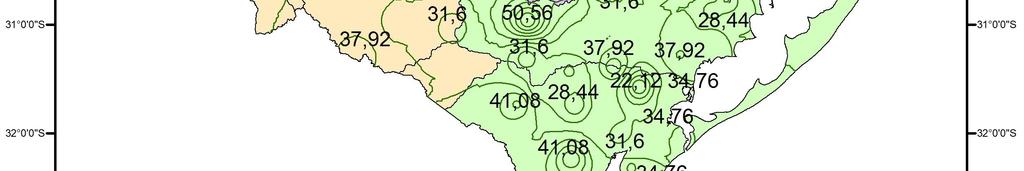 O valor médio das chuvas máximas médias, das 130 estações pluviométricas do RS, foi igual a 111,7 mm, tendo um desvio padrão de 12,0