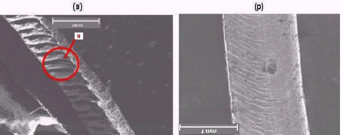 Figura 7. Micrografia dos cavacos obtidos: a) Velocidade de corte de 340 m/min; b) Velocidade de corte de 370 m/min. Figura 8. Micrografia do cavaco obtido a velocidade de corte de 410 m/min.