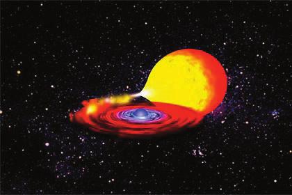 Figura 3 Desenho ilustrativo da acreção da matéria de uma estrela de nêutrons de sua companheira menos evoluída num sistema binário, antes da explosão da supernova.
