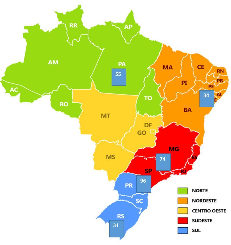 São Paulo lidera o ranking com 15 avaliações, seguido por Distrito Federal com 13 Paraná com 5, Rio de Janeiro com 5, Minas Gerais com 3, Rio Grande do Sul com 2, Amapá, Bahia, Ceará, Espirito Santo,