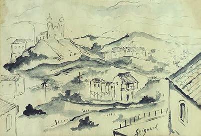 89 - Alberto Da Veiga Guignard (1896-1962) Tiradentes nanquim 19 x 28 cm assinada canto inferior direito e verso 1956